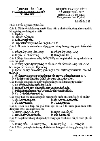 Đề kiểm tra học kì 2 môn Địa lý Lớp 10 - Năm học 2016-2017 - Trường THPT Gia Nghĩa - Mã đề thi 342