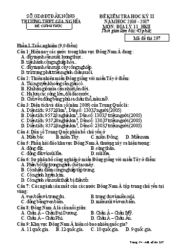 Đề kiểm tra học kì 2 môn Địa lý Lớp 11 - Năm học 2016-2017 - Trường THPT Gia Nghĩa - Mã đề thi 257