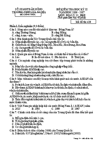 Đề kiểm tra học kì 2 môn Địa lý Lớp 11 - Năm học 2016-2017 - Trường THPT Gia Nghĩa - Mã đề thi 426