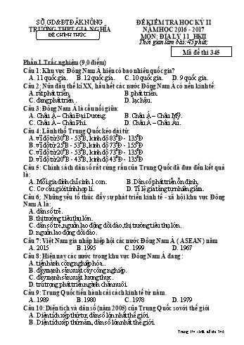 Đề kiểm tra học kì 2 môn Địa lý Lớp 11 - Năm học 2016-2017 - Trường THPT Gia Nghĩa - Mã đề thi 345