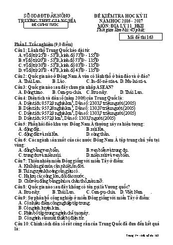 Đề kiểm tra học kì 2 môn Địa lý Lớp 11 - Năm học 2016-2017 - Trường THPT Gia Nghĩa - Mã đề thi 163