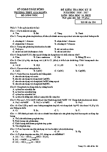 Đề kiểm tra học kì 2 môn Hóa học Lớp 10 - Năm học 2016-2017 - Trường THPT Gia Nghĩa - Mã đề thi 184