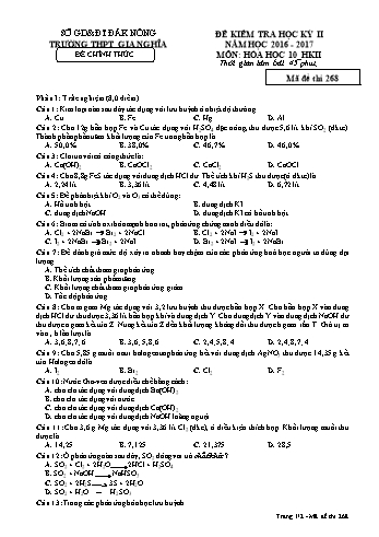 Đề kiểm tra học kì 2 môn Hóa học Lớp 10 - Năm học 2016-2017 - Trường THPT Gia Nghĩa - Mã đề thi 268