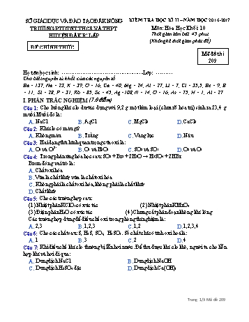 Đề kiểm tra học kì 2 môn Hóa học lớp 10 - Năm học 2016-2017 - Trường PTDT NT - Đăkrlấp - Mã đề 209