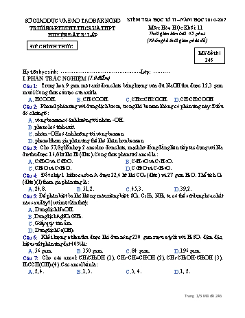 Đề kiểm tra học kì 2 môn Hóa học lớp 11 - Năm học 2016-2017 - Trường PTDT NT - Đăkrlấp - Mã đề 246