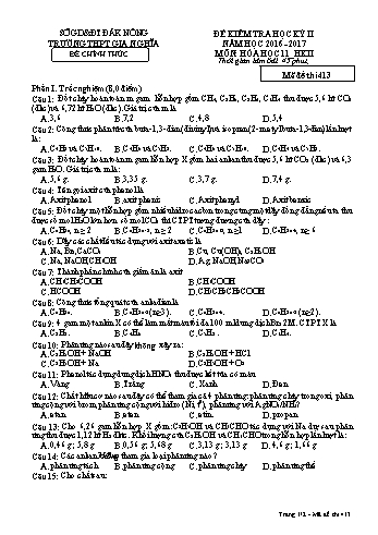Đề kiểm tra học kì 2 môn Hóa học Lớp 11 - Năm học 2016-2017 - Trường THPT Gia Nghĩa - Mã đề thi 413