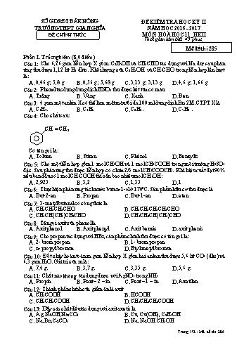 Đề kiểm tra học kì 2 môn Hóa học Lớp 11 - Năm học 2016-2017 - Trường THPT Gia Nghĩa - Mã đề thi 285