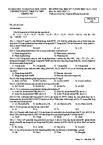 Đề kiểm tra học kì 2 môn Hóa học lớp 12 - Năm học 2017-2018 - Trường PTDTNT THCS VÀ THPT KRông Nô - Mã đề 367