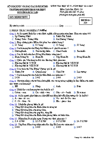 Đề kiểm tra học kì 2 môn Lịch sử lớp 10 - Năm học 2016-2017 - Trường PTDT Nội trú Đăk Rlấp - Mã đề 320