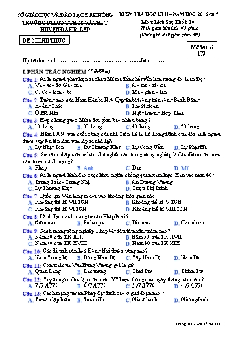 Đề kiểm tra học kì 2 môn Lịch sử lớp 10 - Năm học 2016-2017 - Trường PTDT Nội trú Đăk Rlấp - Mã đề 173