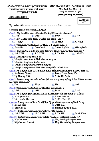 Đề kiểm tra học kì 2 môn Lịch sử lớp 10 - Năm học 2016-2017 - Trường PTDT Nội trú Đăk Rlấp - Mã đề 497