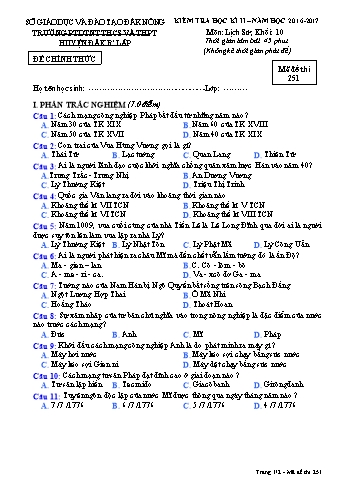 Đề kiểm tra học kì 2 môn Lịch sử lớp 10 - Năm học 2016-2017 - Trường PTDT Nội trú Đăk Rlấp - Mã đề 251