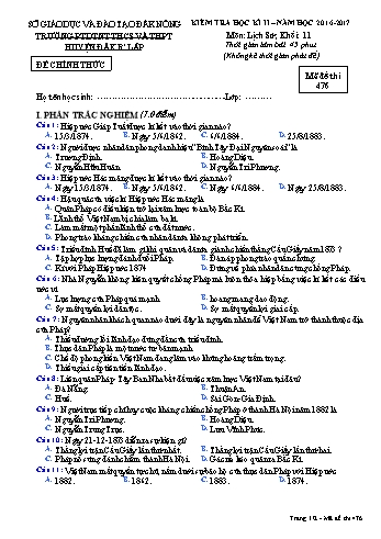 Đề kiểm tra học kì 2 môn Lịch sử lớp 11 - Năm học 2016-2017 - Trường PTDT Nội trú Đăk Rlấp - Mã đề 476