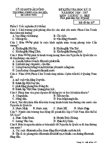 Đề kiểm tra học kì 2 môn Lịch sử Lớp 11 - Năm học 2016-2017 - Trường THPT Gia Nghĩa - Mã đề thi 437