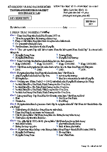 Đề kiểm tra học kì 2 môn Lịch sử lớp 11 - Năm học 2016-2017 - Trường PTDT Nội trú Đăk Rlấp - Mã đề 367