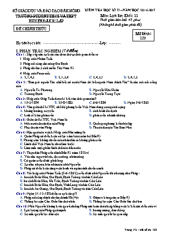 Đề kiểm tra học kì 2 môn Lịch sử lớp 11 - Năm học 2016-2017 - Trường PTDT Nội trú Đăk Rlấp - Mã đề 129