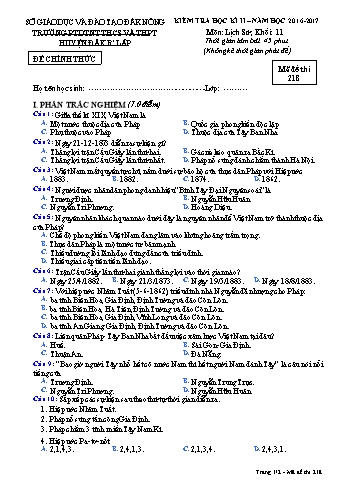 Đề kiểm tra học kì 2 môn Lịch sử lớp 11 - Năm học 2016-2017 - Trường PTDT Nội trú Đăk Rlấp - Mã đề 218