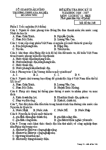 Đề kiểm tra học kì 2 môn Lịch sử Lớp 11 - Năm học 2016-2017 - Trường THPT Gia Nghĩa - Mã đề thi 348