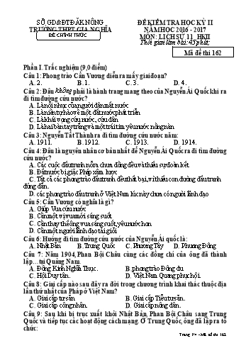 Đề kiểm tra học kì 2 môn Lịch sử Lớp 11 - Năm học 2016-2017 - Trường THPT Gia Nghĩa - Mã đề thi 162