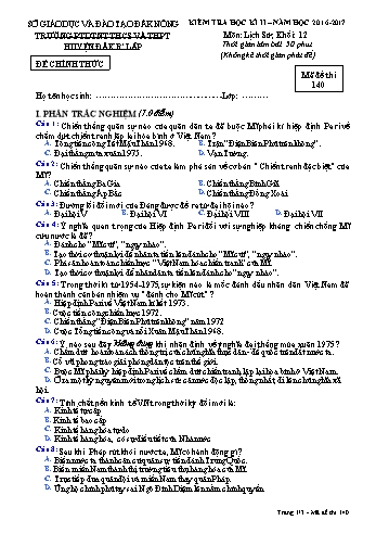 Đề kiểm tra học kì 2 môn Lịch sử lớp 12 - Năm học 2016-2017 - Trường PTDT Nội trú Đăk Rlấp - Mã đề 140