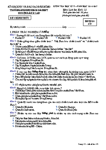 Đề kiểm tra học kì 2 môn Lịch sử lớp 12 - Năm học 2016-2017 - Trường PTDT Nội trú Đăk Rlấp - Mã đề 473