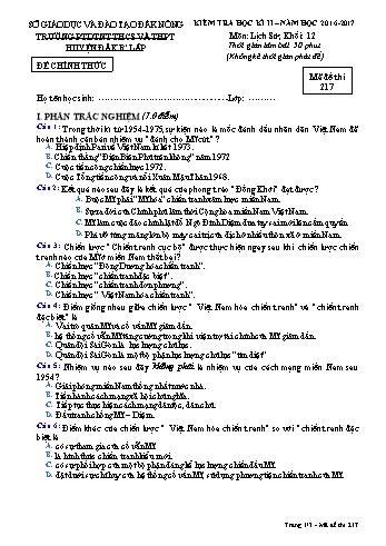 Đề kiểm tra học kì 2 môn Lịch sử lớp 12 - Năm học 2016-2017 - Trường PTDT Nội trú Đăk Rlấp - Mã đề 217