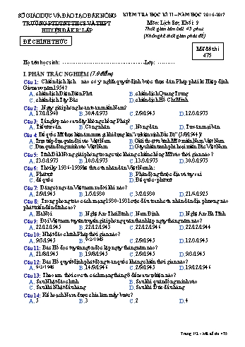Đề kiểm tra học kì 2 môn Lịch sử lớp 9 - Năm học 2016-2017 - Trường PTDT Nội trú Đăk Rlấp - Mã đề 475