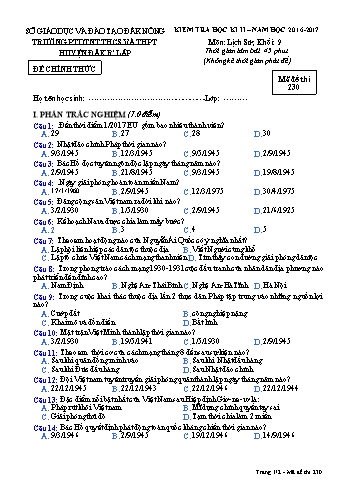 Đề kiểm tra học kì 2 môn Lịch sử lớp 9 - Năm học 2016-2017 - Trường PTDT Nội trú Đăk Rlấp - Mã đề 230