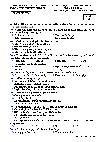 Đề kiểm tra học kì 2 môn Sinh học lớp 10 - Năm học 2016-2017 - Trường PTDT NT - Đăkrlấp - Mã đề 485