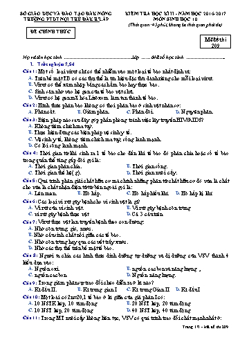Đề kiểm tra học kì 2 môn Sinh học lớp 10 - Năm học 2016-2017 - Trường PTDT NT - Đăkrlấp - Mã đề 209