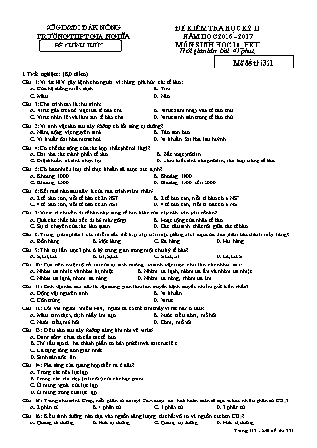 Đề kiểm tra học kì 2 môn Sinh học Lớp 10 - Năm học 2016-2017 - Trường THPT Gia Nghĩa - Mã đề thi 321