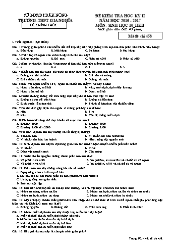 Đề kiểm tra học kì 2 môn Sinh học Lớp 10 - Năm học 2016-2017 - Trường THPT Gia Nghĩa - Mã đề thi 458