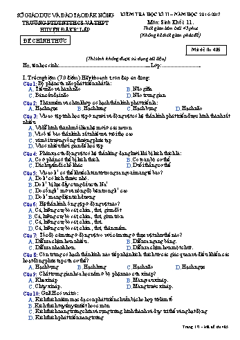 Đề kiểm tra học kì 2 môn Sinh học lớp 11 - Năm học 2016-2017 - Trường PTDT NT - Đăkrlấp - Mã đề 485