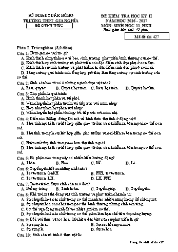 Đề kiểm tra học kì 2 môn Sinh học Lớp 11 - Năm học 2016-2017 - Trường THPT Gia Nghĩa - Mã đề thi 427