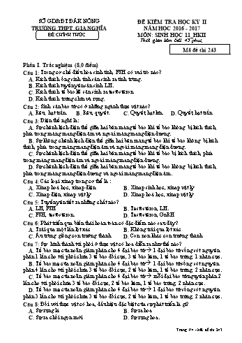 Đề kiểm tra học kì 2 môn Sinh học Lớp 11 - Năm học 2016-2017 - Trường THPT Gia Nghĩa - Mã đề thi 243