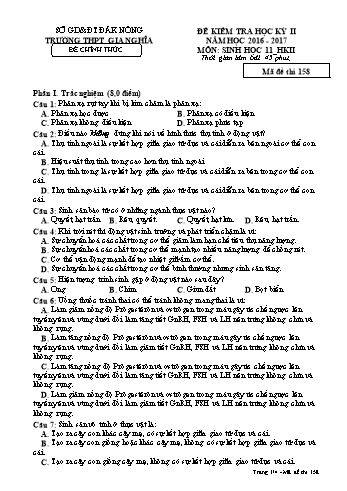 Đề kiểm tra học kì 2 môn Sinh học Lớp 11 - Năm học 2016-2017 - Trường THPT Gia Nghĩa - Mã đề thi 158