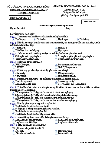 Đề kiểm tra học kì 2 môn Sinh học lớp 11 - Năm học 2016-2017 - Trường PTDT NT - Đăkrlấp - Mã đề 357