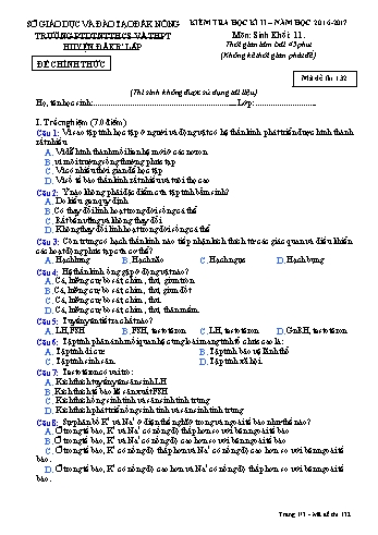 Đề kiểm tra học kì 2 môn Sinh học lớp 11 - Năm học 2016-2017 - Trường PTDT NT - Đăkrlấp - Mã đề 132