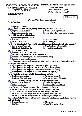 Đề kiểm tra học kì 2 môn Sinh học lớp 11 - Năm học 2016-2017 - Trường PTDT NT - Đăkrlấp - Mã đề 209