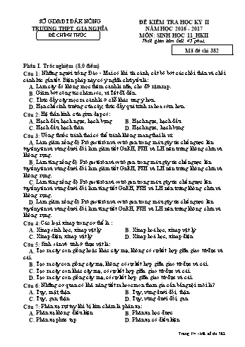 Đề kiểm tra học kì 2 môn Sinh học Lớp 11 - Năm học 2016-2017 - Trường THPT Gia Nghĩa - Mã đề thi 382