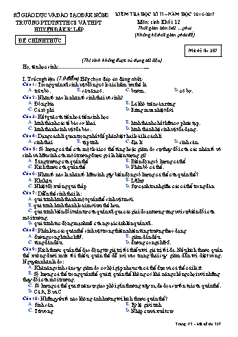 Đề kiểm tra học kì 2 môn Sinh học lớp 12 - Năm học 2016-2017 - Trường PTDT NT - Đăkrlấp - Mã đề 357