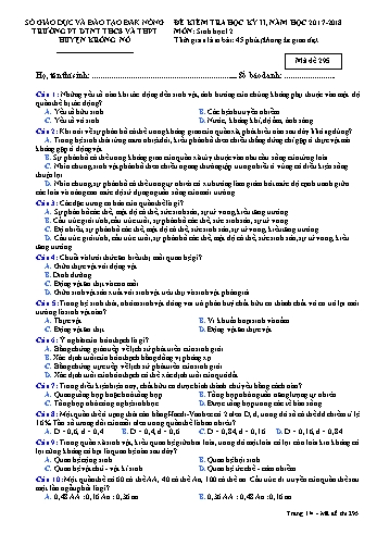 Đề kiểm tra học kì 2 môn Sinh học lớp 12 - Năm học 2017-2018 - Trường PTDTNT THCS và THPT KRông Nô - Mã đề 295