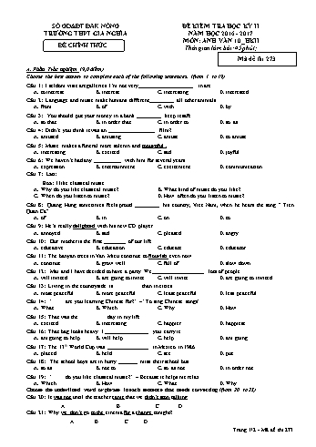 Đề kiểm tra học kì 2 môn Tiếng Anh Lớp 10 - Năm học 2017-2018 - Trường THPT Gia Nghĩa - Mã đề thi 273