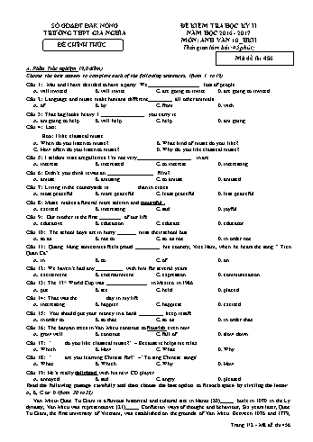Đề kiểm tra học kì 2 môn Tiếng Anh Lớp 10 - Năm học 2017-2018 - Trường THPT Gia Nghĩa - Mã đề thi 456