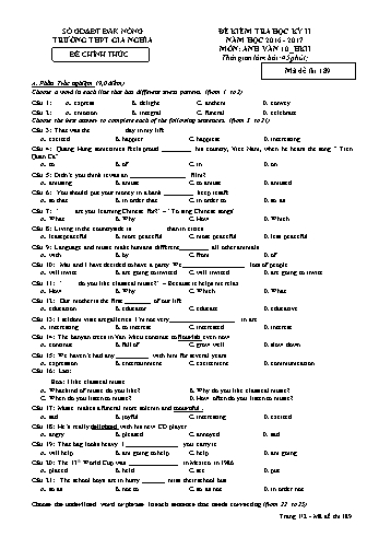 Đề kiểm tra học kì 2 môn Tiếng Anh Lớp 10 - Năm học 2017-2018 - Trường THPT Gia Nghĩa - Mã đề thi 189