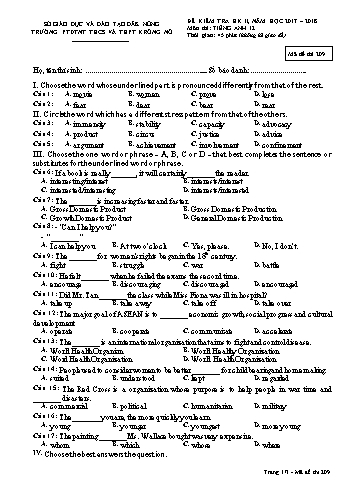 Đề kiểm tra học kì 2 môn Tiếng Anh lớp 12 - Năm học 2017-2018 - Trường PTDTNT THCS và THPT KRông Nô - Mã đề 209