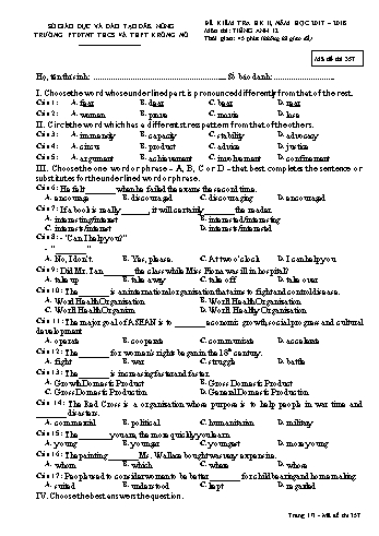 Đề kiểm tra học kì 2 môn Tiếng Anh lớp 12 - Năm học 2017-2018 - Trường PTDTNT THCS và THPT KRông Nô - Mã đề 357