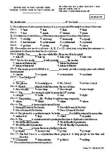 Đề kiểm tra học kì 2 môn Tiếng Anh lớp 12 - Năm học 2017-2018 - Trường PTDTNT THCS và THPT KRông Nô - Mã đề 570