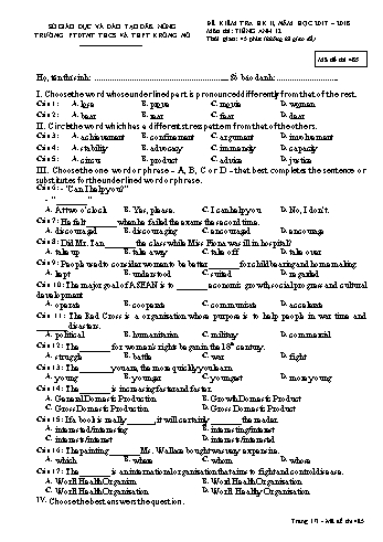 Đề kiểm tra học kì 2 môn Tiếng Anh lớp 12 - Năm học 2017-2018 - Trường PTDTNT THCS và THPT KRông Nô - Mã đề 485