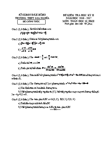 Đề kiểm tra học kì 2 môn Toán Lớp 10 - Năm học 2017-2018 - Trường THPT Gia Nghĩa